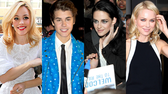 Rachel McAdams, Justin Bieber, Kristen Stewart, Naomi Watts Rachel McAdams, Justin Bieber, Kristen Stewart, Naomi Watts